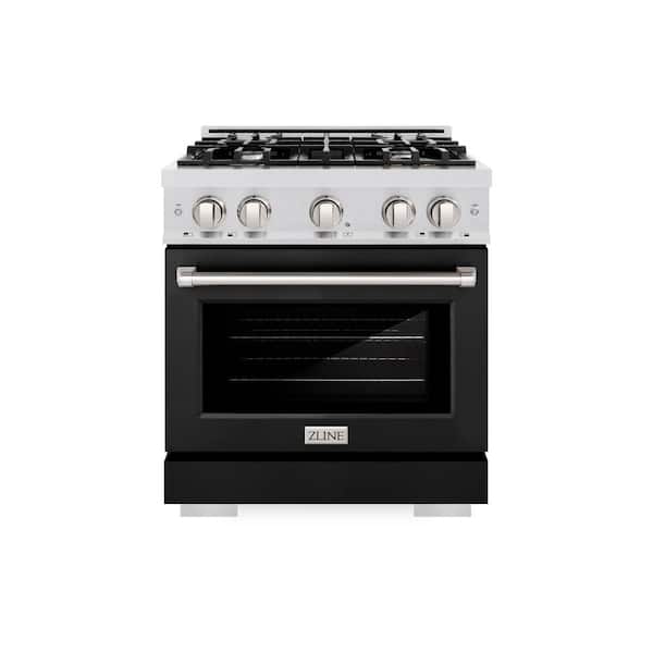 ZLINE Kitchen and Bath 30 in. Select Gas Range with 4 Burner Cooktop and Convection Gas Oven in Satin Stainless Steel with Black Matte Door