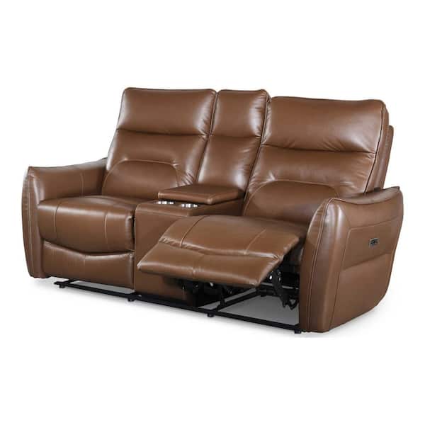 Amanda 62.5 in. Caramel Brown Leather 2-Seater Power Loveseat with Cupholders and Storage