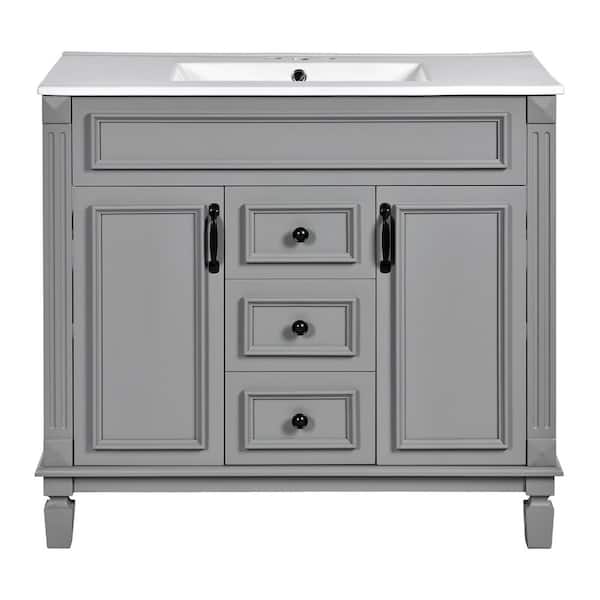 Virubi 35.9 in. W Single Sink Bath Vanity in Gray with White Ceramic Top, Soft Closing Doors, Drawers