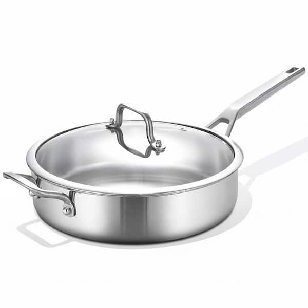 3-Ply Stainless Steel 12 in. Silver Saute Pan with Glass Lid Induction Compatible Oven Dishwasher Safe Skillet