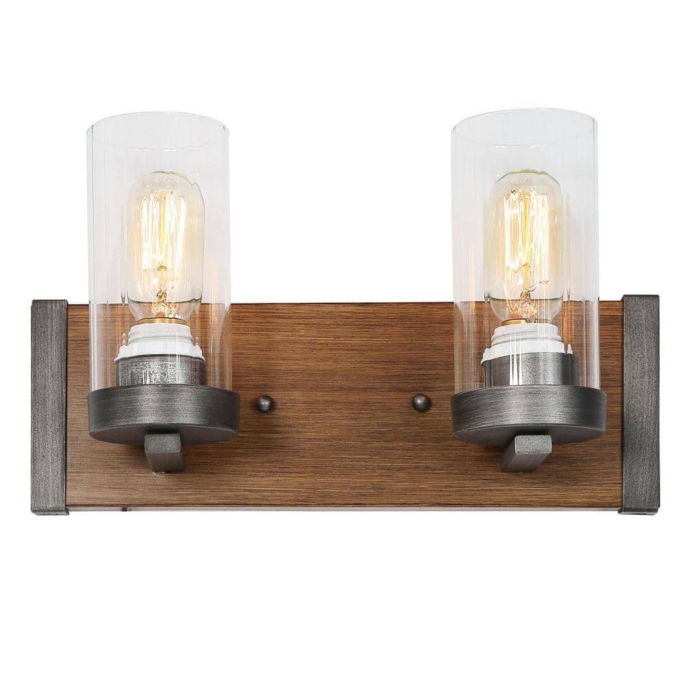 14 in. 2-Light Brushed Silver Vanity Light with Pine Wooden Texture and Cle