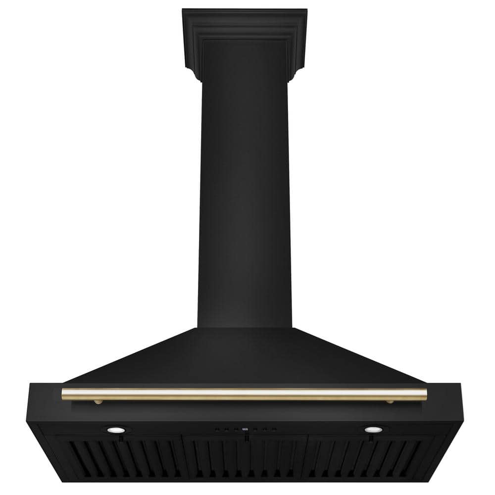 36'' Black Stainless Steel Wall Mount Range Hood with Gold Handle