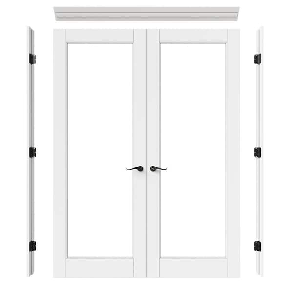 56 in. x 80 in. 1-Lite Clear Glass Universal White Solid Core MDF Double French Door with Quick Assemble Jamb