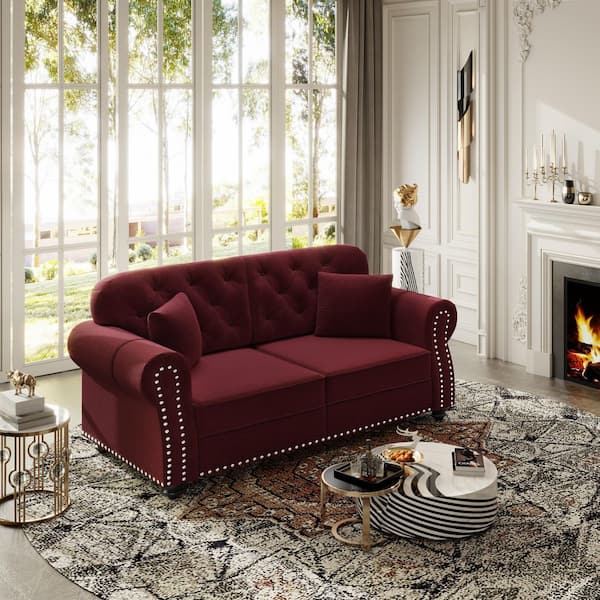 Polibi 63 in. Rolled Arm Velvet Rectangle Sofa in Burgundy with 2