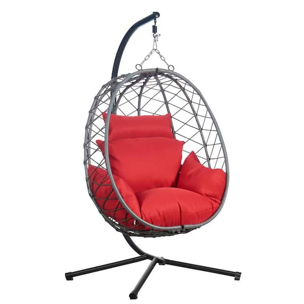 Leisuremod Summit Modern Outdoor Single Person Porch Swing Chair in Grey Metal Frame with Removable Cushions, Red