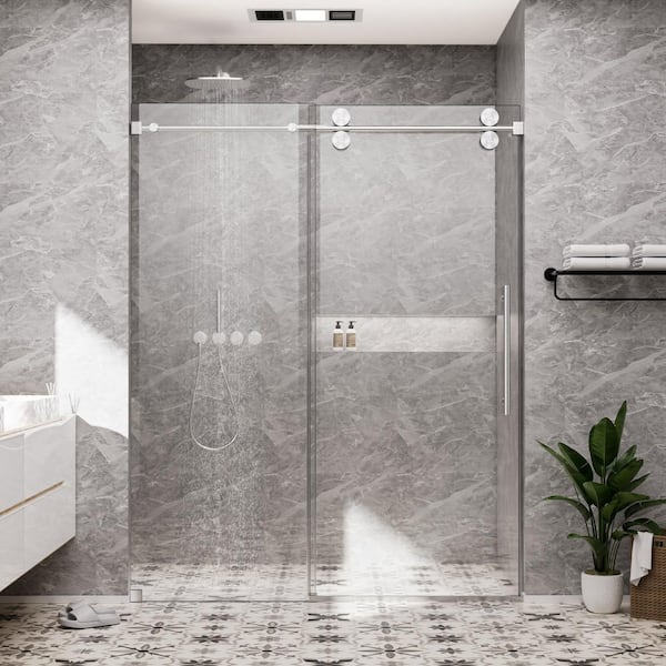 66 in. W x 76 in. H Single Sliding Frameless Shower Door in Brushed Nickel with Smooth Sliding and 3/8 in. Clear Glass