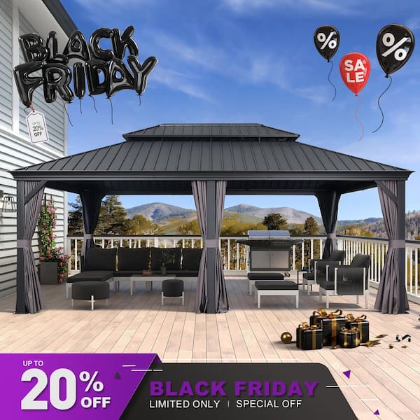 14 ft. x 20 ft. Luxury Patio Outdoor Gazebo for Backyard Hardtop Aluminum Frame with Netting, Hooks, Upgrade Curtain