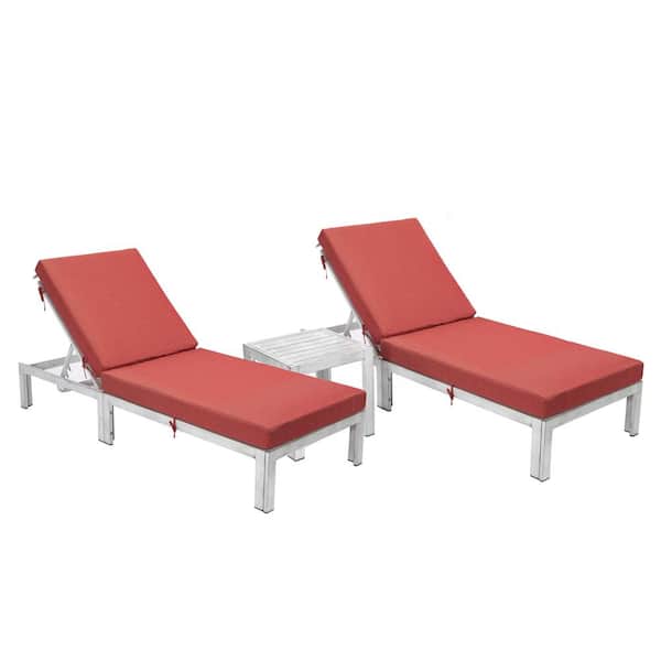 Leisuremod Chelsea Modern Weathered Grey Aluminum Outdoor Patio Chaise Lounge Chair with Side Table and Red Cushions Set of 2