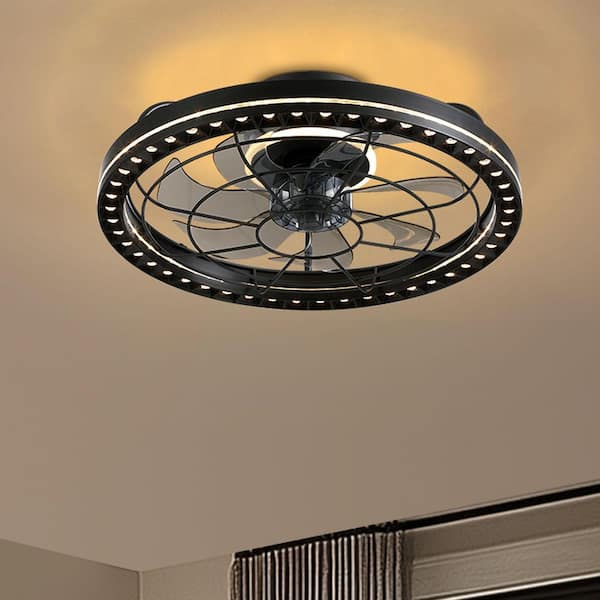 19 in. Indoor Black Low Profile Caged Ceiling Fan with Lights with Remote Included