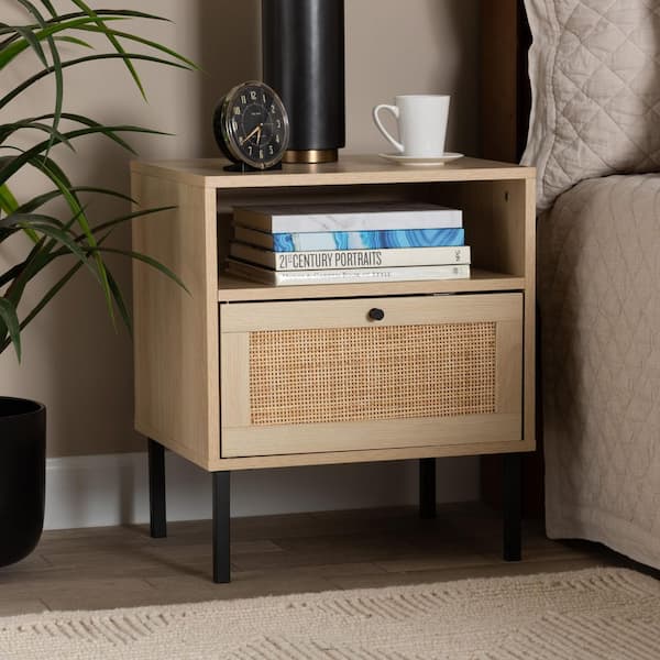 Baxton Studio Caterina Natural Brown and Black Nightstand 22 in. H x 18.9 in. W x 15.7 in. D
