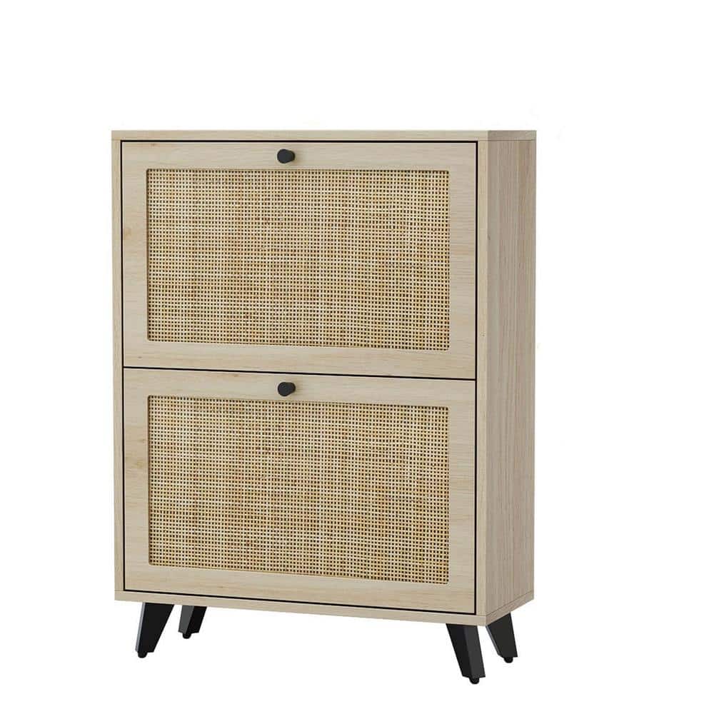 24 in. H x 32 in. W Natural Wood Rattan Shoe Storage Cabinet