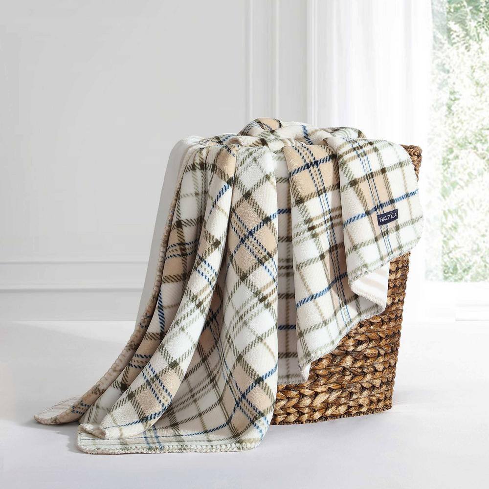 Beige and Green Plaid Fleece Reversible Throw Blanket