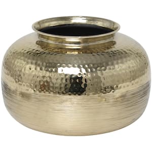 8 in. Gold Brushed Aluminum Metal Decorative Vase with Hammered Top