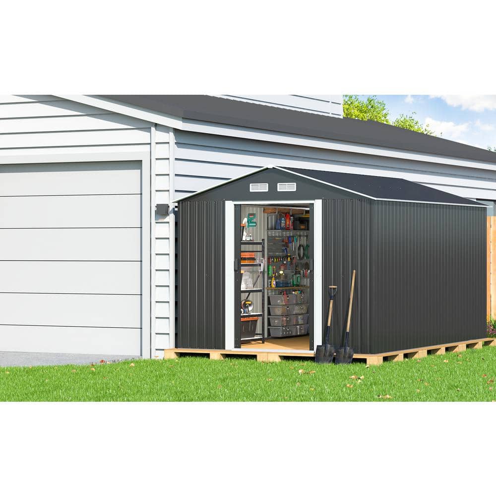 8' x 12' Gray Metal Garden Storage Shed with Windows