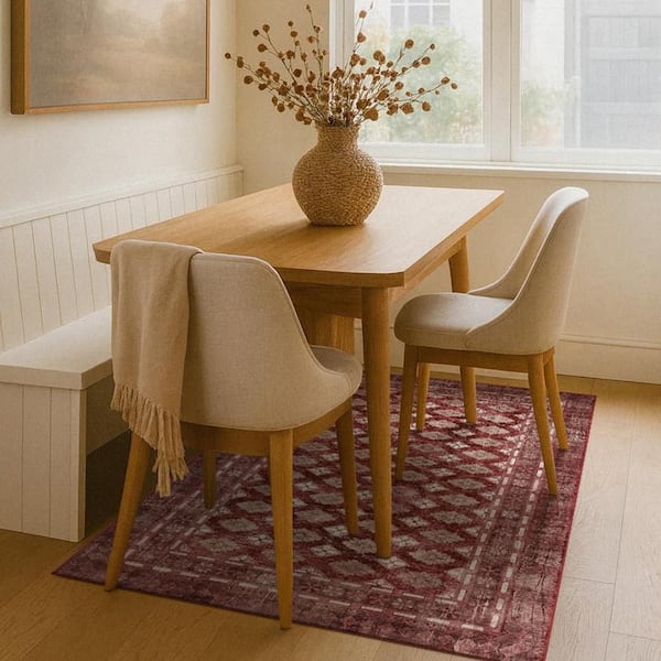 Elara Rouge Red 5 ft. x 7 ft. Bordered Floral Machine Washable Non-Slip Area Rug