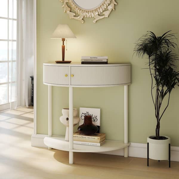 Rhett 31.5 in. Cream White Half Moon Wood Console Table, End Table with 2 Storage Drawers, Bottom Shelf, Woodgrain