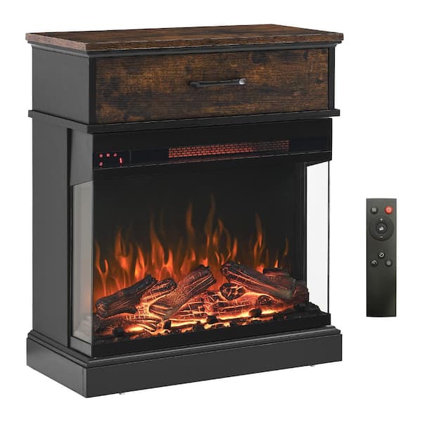 ToolCat 25 in. Freestanding Electric Fireplace, Stand Side Table With 3-Sided Glass Fireplace Insert in Antique Black