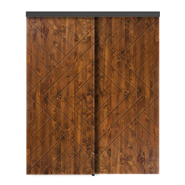 CALHOME 72 in. x 84 in. Hollow Core Walnut Stained Pine Wood Interior Double Sliding Closet Doors