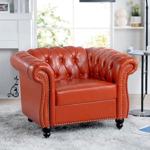 38.98 in. Rolled Arm Rectangle Faux Leather Nailhead Trim and Button Tufted 1 Seat Sofa Accent Chair in Orange