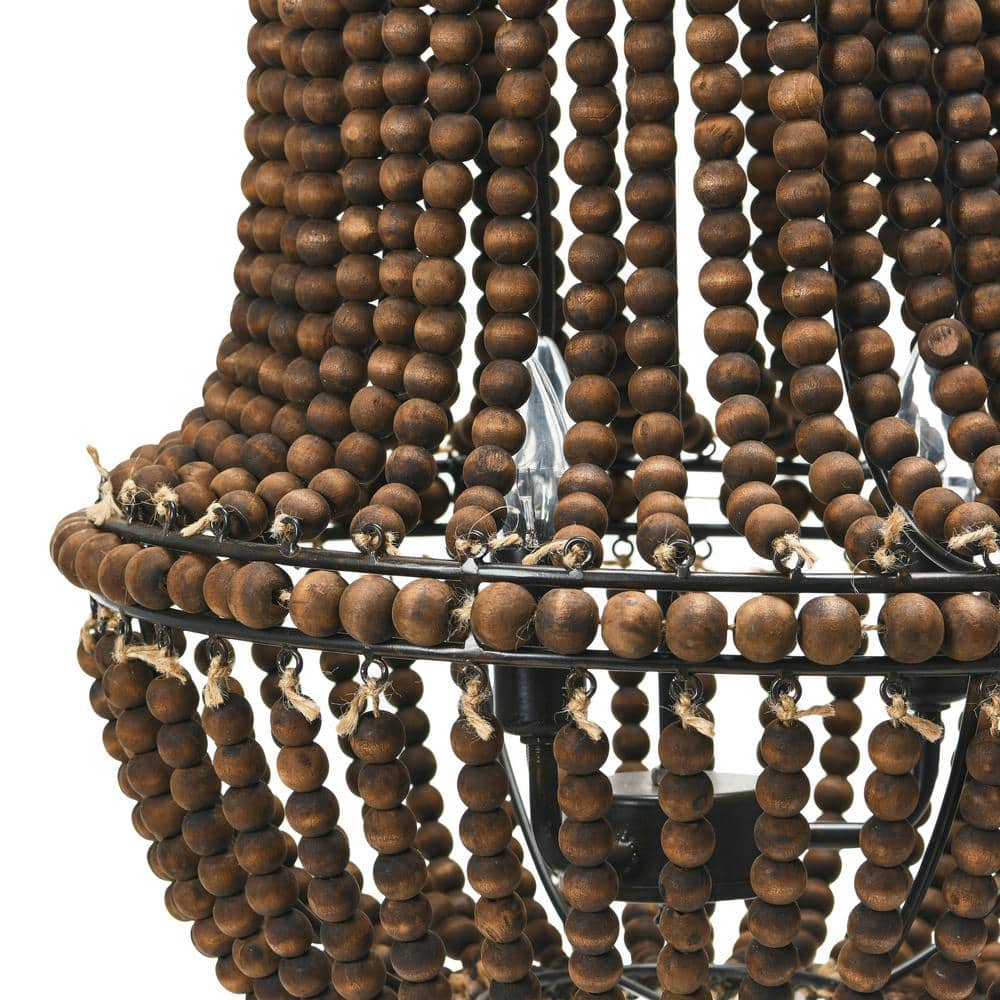 Espresso-Washed Wood Bead Chandelier with Brushed Metal Base