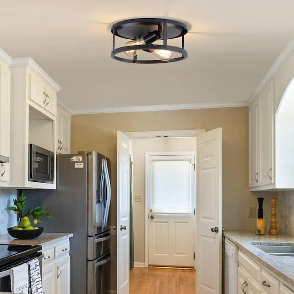 HKMGT 12.7 in. 2-Light Farmhouse Black Flush Mount Ceiling Light
