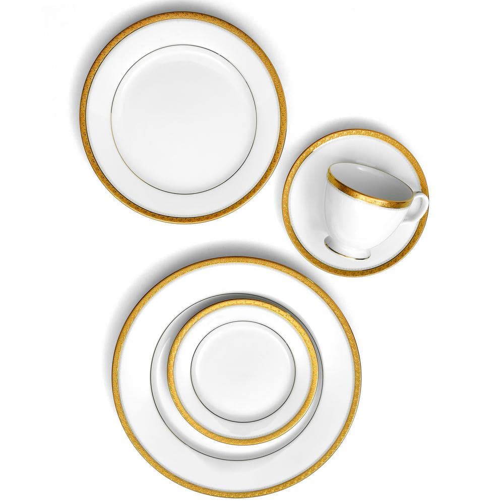 Charlotta Gold Trim White Porcelain 5-Piece Place Setting