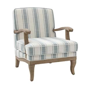 Quentin Farmhouse Style Wooden Upholstered Blue Arm Chair with Graceful Feet Curves and Comfortable Cushion