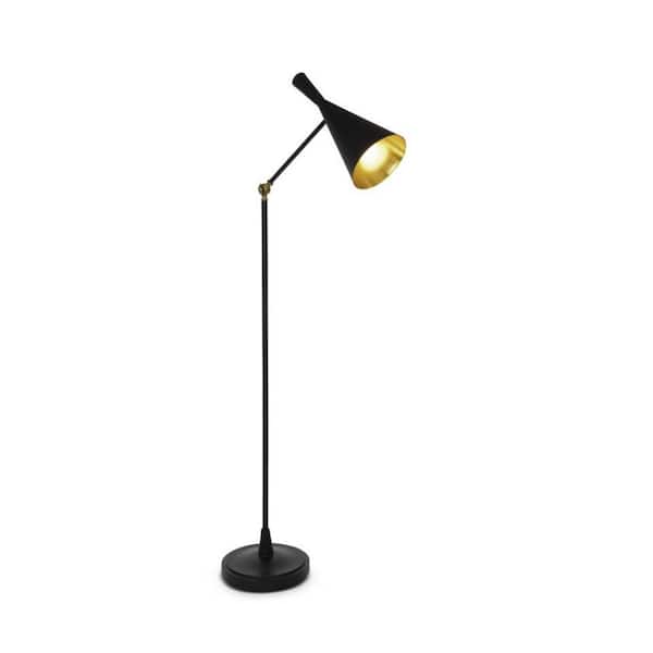 HomeRoots 60 in Black and Gold Adjustable Standard Floor Lamp With And Gold Cone Shade