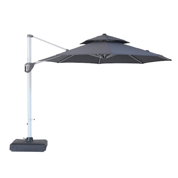 Clihome 11 ft. Gray Patio Cantilever Octagonal Outdoor Umbrella with Base,Umbrella Cover, 360-Degree Rotating Foot Pedal