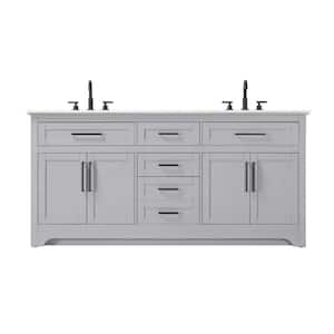 72 in. Double Sink Freestanding Grey Bath Vanity with Marble White Engineered Marble Top