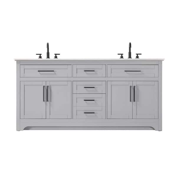 72 in. Double Sink Freestanding Grey Bath Vanity with Marble White Engineered Marble Top