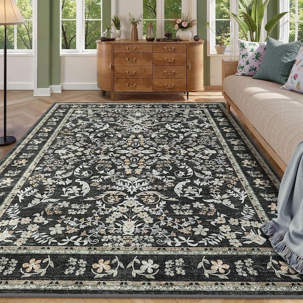 9 X 12 ft. Black Area Rug for Living Room, Washable Floral Soft Rug, Non Slip Low Pile Carpet, for Bedroom, Dining Room