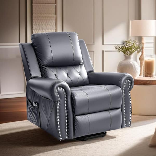 HOMESTOCK Gray Studded Air Leather Power Lift Reclining Chair with Massage, Recliner Chair with Remote and Footrest