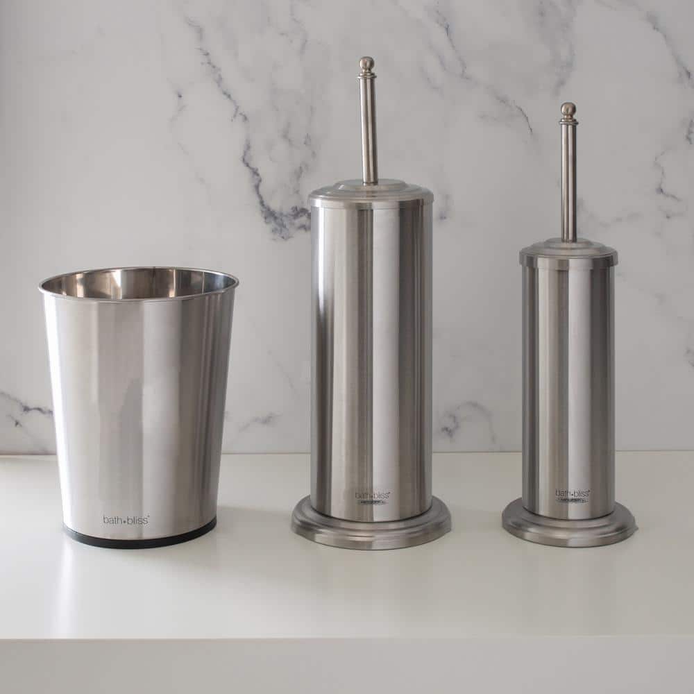 Stainless Steel 3-Piece Bathroom Set with Trash Can, Brush, and Plunger