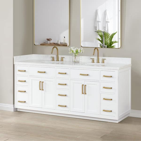 Gavino 84 in.W x 22 in.D x 34 in.H Bath Vanity in White with Grain White Composite Stone Top