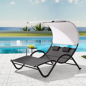 1-Piece Patio Double Outdoor Chaise Lounge in Black with Sun Shade Canopy, Wheels and Headrest