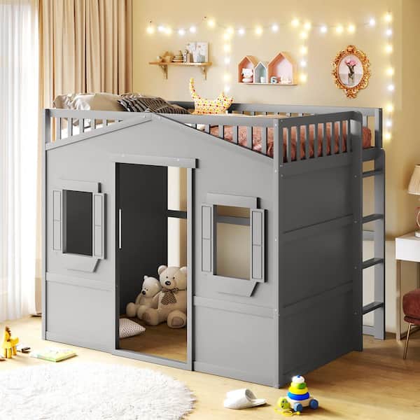 Polibi Full Size House Loft Bed with Ladder-Gray