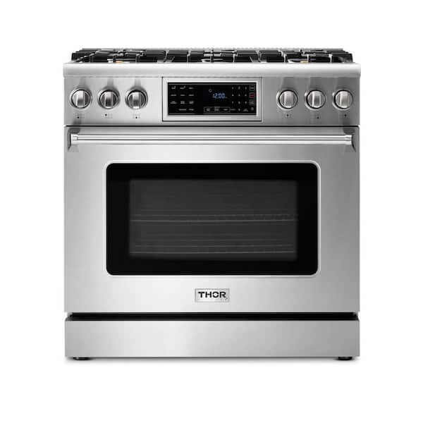 Thor Kitchen Tilt Panel 36-in 6 Burners Freestanding Gas Range with self-cleaning and air fry convection oven in. Stainless Steel