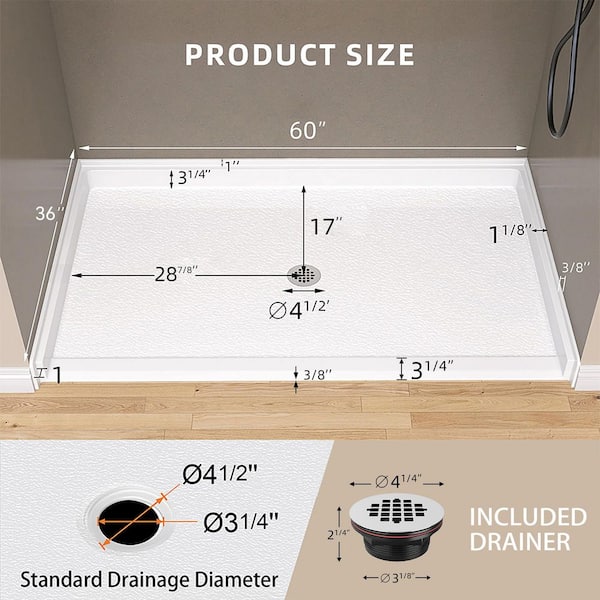 60 in. x 36 in. Acrylic Single Threshold Shower Pan Alcove ADA Shower Pan Base with Pre-Drill Center Drain Hole in White