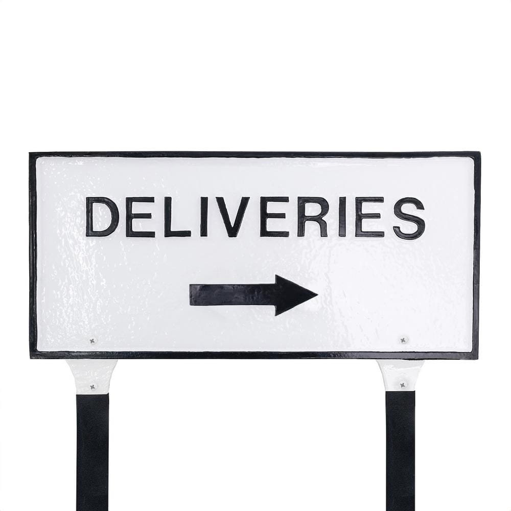 "10"" x 21"" Deliveries with Right Arrow Large Rectangle Statement Plaque with Lawn Stakes - White/Black" product image for price tracking