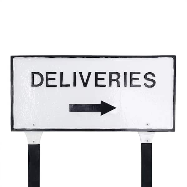 Montague Metal Products 10" x 21" Deliveries with Right Arrow Large Rectangle Statement Plaque with Lawn Stakes - White/Black