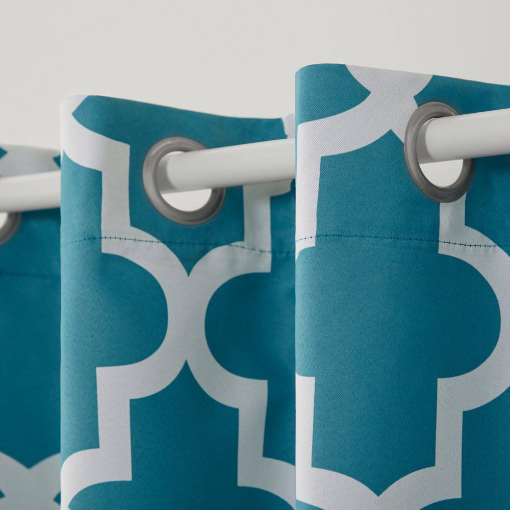 Teal and White Geometric Blackout Grommet Curtain Panels, 52x84
