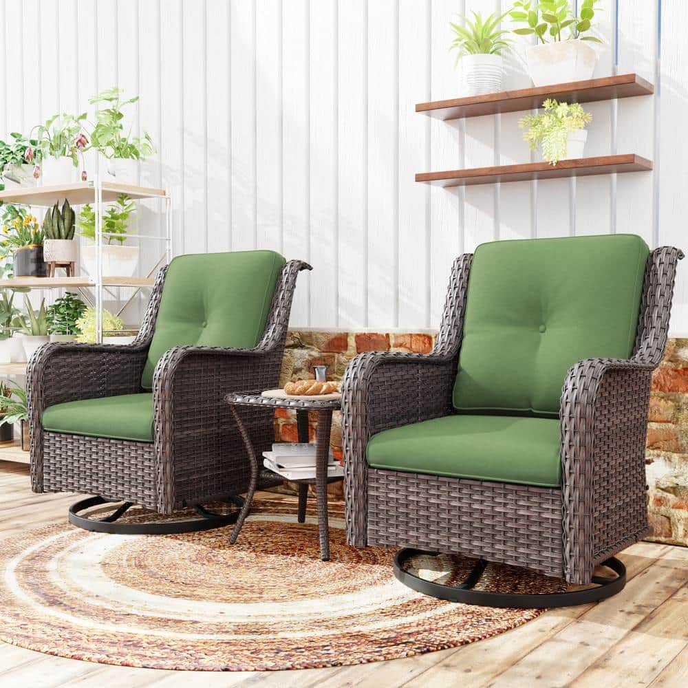Green Cushioned Wicker Swivel Rocking Chair Set with Table