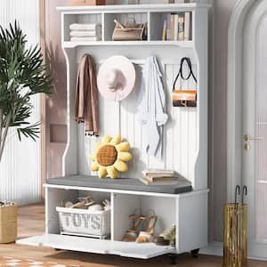 White 4-in-1 Hall Tree with 4-Sturdy Hooks, Storage Bench and Cushion for Hallway, Entryway, Living Room
