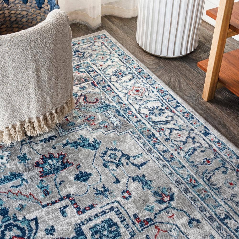 Light Gray and Blue Synthetic Vintage Medallion Rug