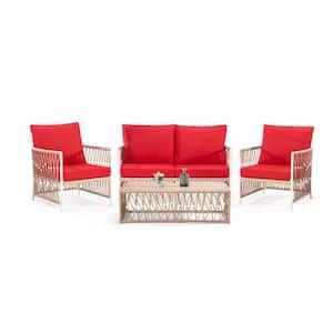 4-Pieces Wicker Outdoor Patio Conversation Sectional Set with Red Cushions