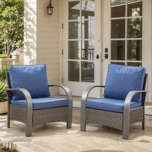 Porch Brown Wicker Outdoor Lounge Chair with Blue Cushions and Curved Metal Armrest (2-Pack)