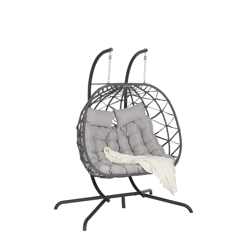 Metal Outdoor Patio Swing, Double Egg Chair with Stand Hanging and Light Gr
