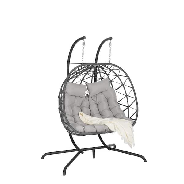 Unbranded Metal Outdoor Patio Swing, Double Egg Chair with Stand Hanging and Light Gray Cushion for Garden, Backyard