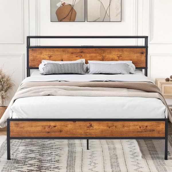 VECELO Brown Metal Frame Queen Platform Bed w/Storage Shelf Headboard, Industrial Wood and Metal Design, No Box Spring Needed